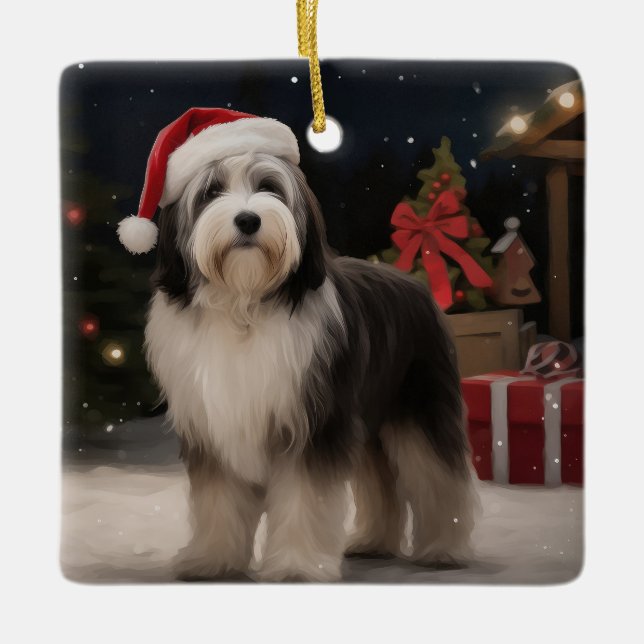 Tibetan Terrier Dog in Snow Christmas  Ceramic Ornament (Front)
