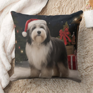 Tibetan Terrier Dog in Snow Christmas Cushion