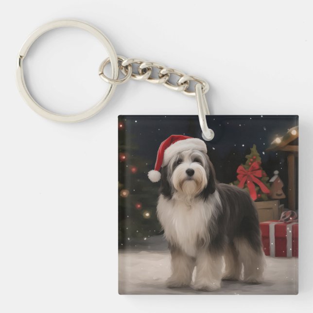 Tibetan Terrier Dog in Snow Christmas  Key Ring (Front)