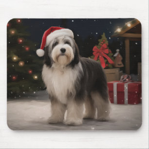 Tibetan Terrier Dog in Snow Christmas  Mouse Pad