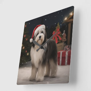 Tibetan Terrier Dog in Snow Christmas  Square Wall Clock