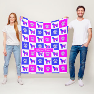 Tibetan Terrier Dog & Paw Print Hot Pink and Blue Fleece Blanket