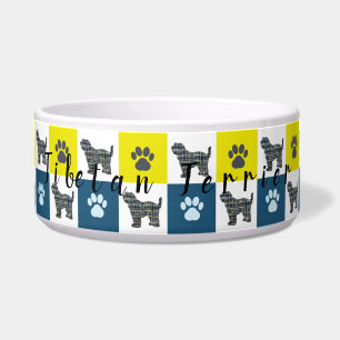 Tibetan Terrier Dog& Paw Yellow&Blue Grid Dog Bowl