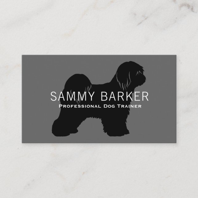 Tibetan Terrier Dog Silhouette Black on Grey Business Card (Front)