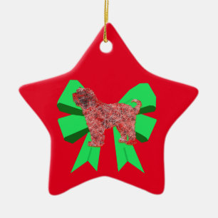 Tibetan Terrier Dog Silhouette Green Bow Christmas Ceramic Ornament