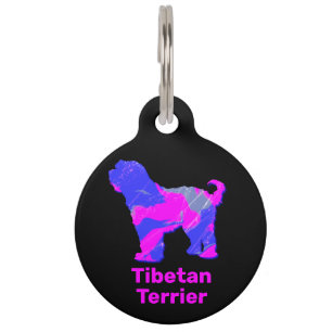Tibetan Terrier Dog Silhouette Hot Pink & Blue Pet Tag