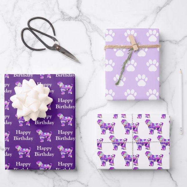 Tibetan Terrier Dog Silhouette Purple 3 Different Wrapping Paper Sheet (Front)