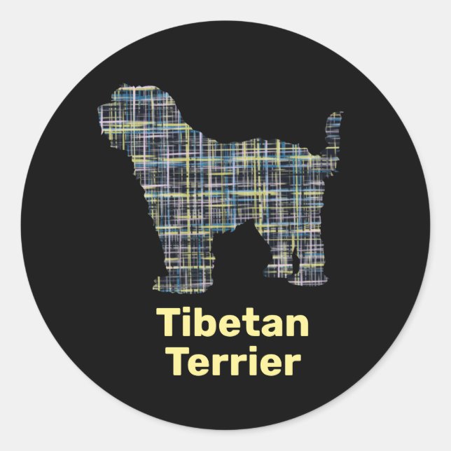 Tibetan Terrier Dog Silhouette Yellow & Black Grid Classic Round Sticker (Front)