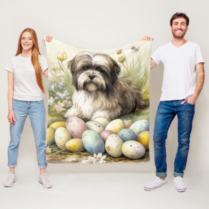 Tibetan Terrier Dog with Easter Eggs Holiday Fleece Blanket