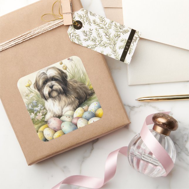 Tibetan Terrier Dog with Easter Eggs Holiday Square Sticker (Gifting)
