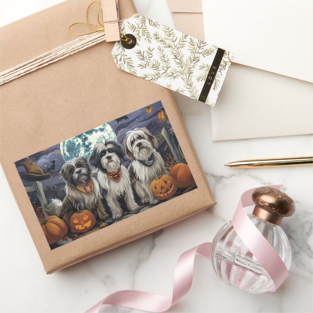 Tibetan Terrier Halloween Spooky Rectangular Sticker (Gifting)