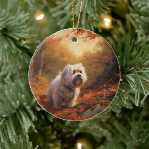 Tibetan Terrier in Autumn Leaves Fall Inspire Ceramic Ornament