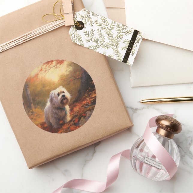 Tibetan Terrier in Autumn Leaves Fall Inspire  Classic Round Sticker (Gifting)