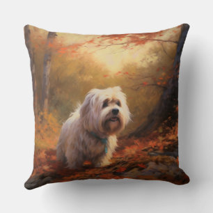 Tibetan Terrier in Autumn Leaves Fall Inspire  Cushion