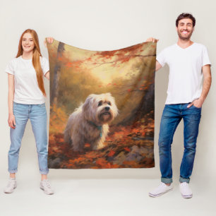 Tibetan Terrier in Autumn Leaves Fall Inspire  Fleece Blanket