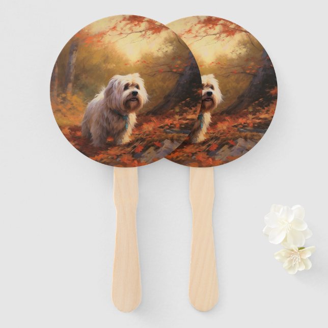 Tibetan Terrier in Autumn Leaves Fall Inspire  Hand Fan (Front and Back)