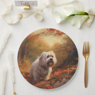 Tibetan Terrier in Autumn Leaves Fall Inspire Paper Plate