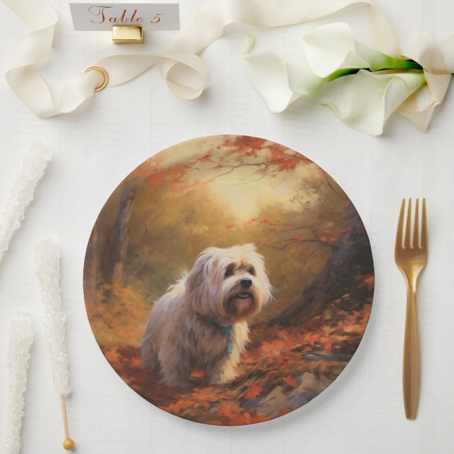 Tibetan Terrier in Autumn Leaves Fall Inspire  Paper Plate (Wedding)