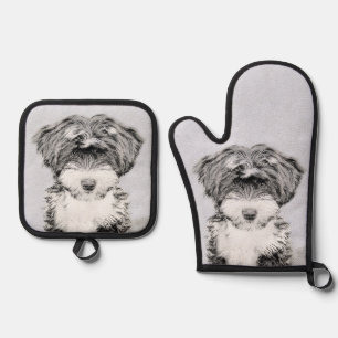 Tibetan Terrier Painting Black and White Dog Art Oven Mitt & Pot Holder Set