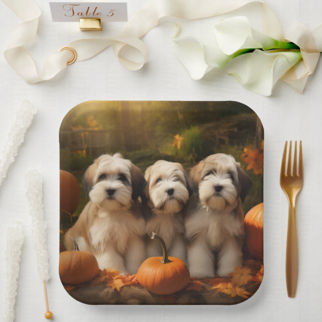 Tibetan Terrier Puppy Autumn Delight Pumpkin Paper Plate (Wedding)