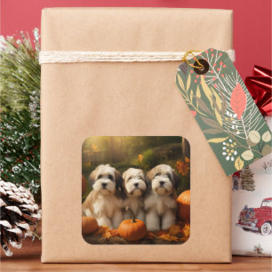 Tibetan Terrier Puppy Autumn Delight Pumpkin Square Sticker