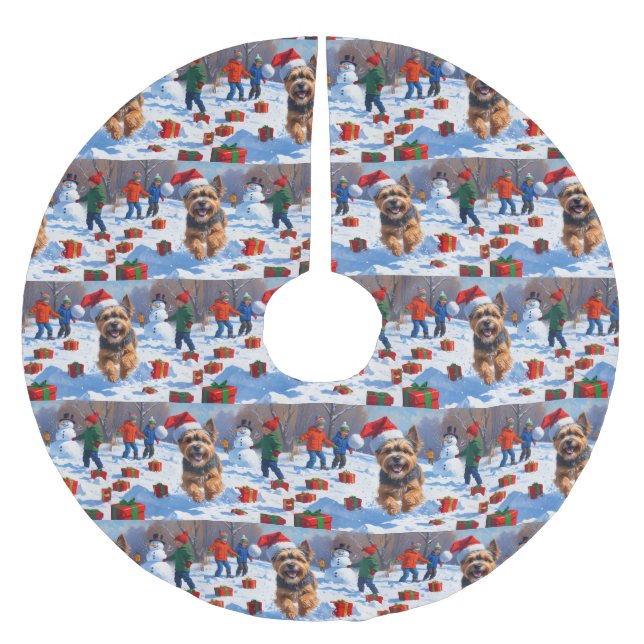 Tibetan Terrier Running in Snow with Christmas Hat Brushed Polyester Tree Skirt (Front)