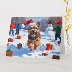 Tibetan Terrier Running in Snow with Christmas Hat Card