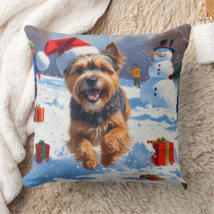 Tibetan Terrier Running in Snow with Christmas Hat Cushion
