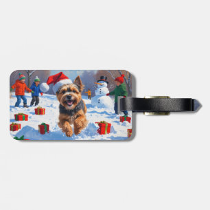 Tibetan Terrier Running in Snow with Christmas Hat Luggage Tag