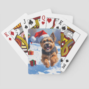 Tibetan Terrier Running in Snow with Christmas Hat Playing Cards