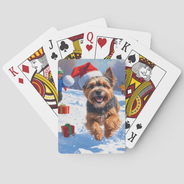 Tibetan Terrier Running in Snow with Christmas Hat Playing Cards (Back)