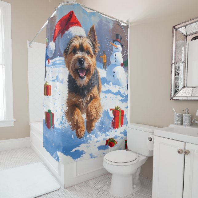 Tibetan Terrier Running in Snow with Christmas Hat Shower Curtain (In Situ)