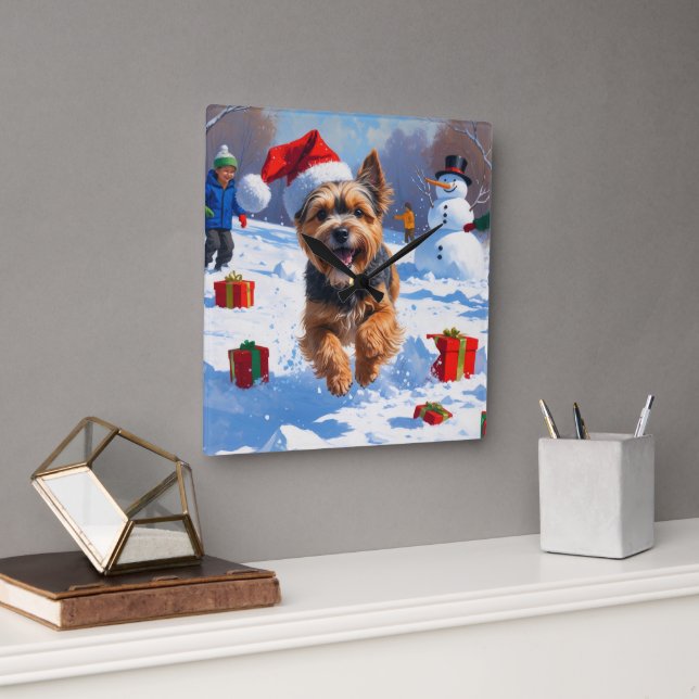 Tibetan Terrier Running in Snow with Christmas Hat Square Wall Clock (Office)