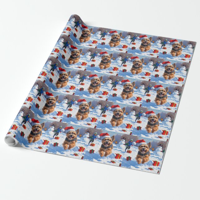 Tibetan Terrier Running in Snow with Christmas Hat Wrapping Paper (Unrolled)