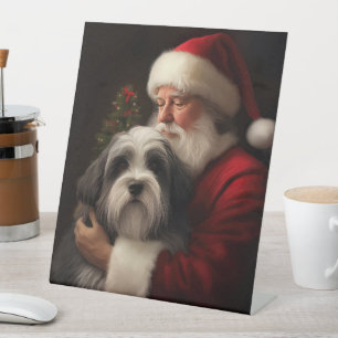 Tibetan Terrier Santa Claus Festive Christmas Pedestal Sign