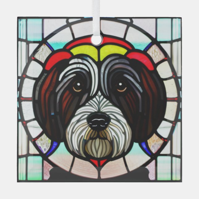 Tibetan Terrier "Stained Glass" Glass Tree Decoration (Front)