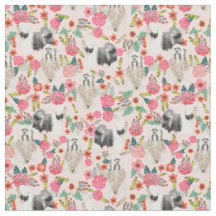 Tibetan Terrier vintage florals pastel pink Fabric