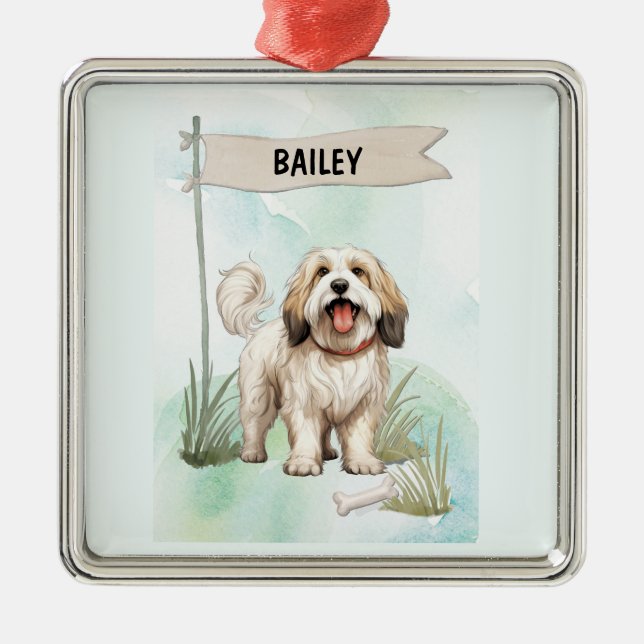 Tibetan Terrier Watercolor Personalised Dog Metal Ornament (Front)