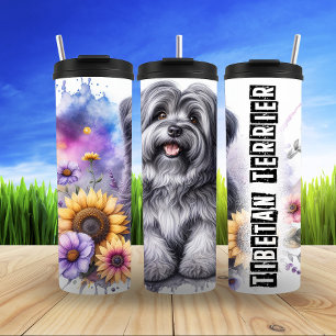 Tibetan Terrier with Floral Backdrop Thermal Tumbler