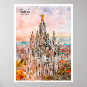 Tibidabo Barcelona vintage travel watercolor Poster