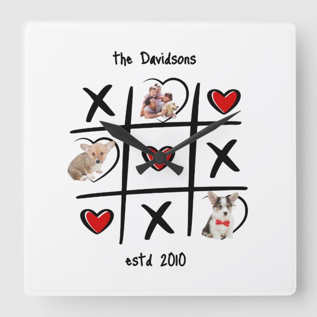 Tic-Tac-Toe Personalised Photo Square Clock (Front)