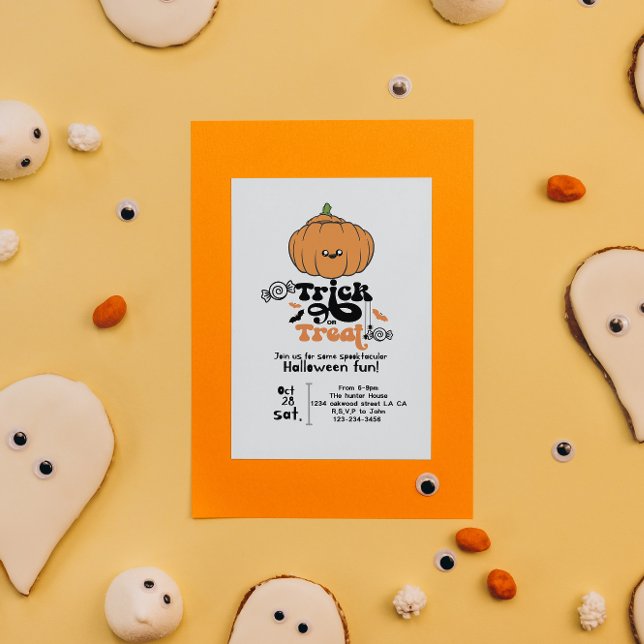 Tick or treat cute pumpkin custom invitations (Creator Uploaded)