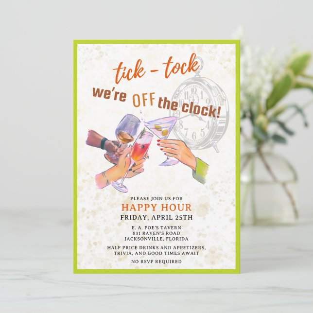 Tick-Tock Happy Hour Invitation (Standing Front)