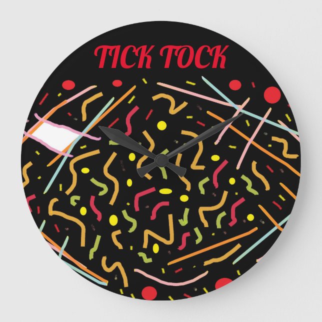 Tick Tock logo in red on black faced mixed pattern Large Clock (Front)