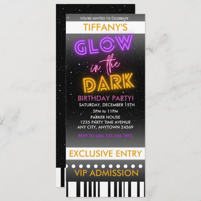 Ticket Birthday Invitation | Glow In The Dark (Front/Back)