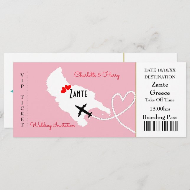 Ticket Boarding Pass Floral Wedding Abroad Zante Invitation (Front/Back)