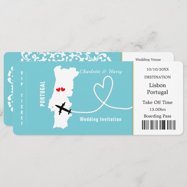 Ticket Boarding Pass Portugal Wedding Destination Invitation (Front/Back)