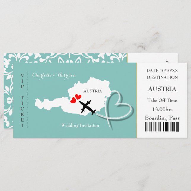 Ticket Boarding Pass Wedding Destination Austria Invitation (Front/Back)