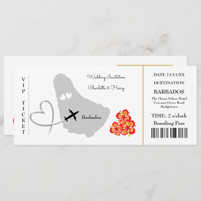 Ticket Boarding Pass Wedding Destination Barbados Invitation (Front/Back)