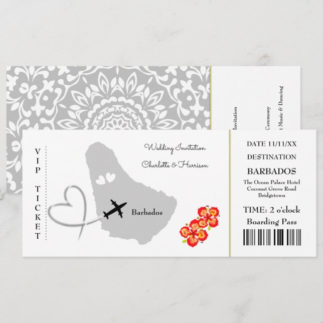 Ticket Boarding Pass Wedding Destination Barbados Invitation (Front/Back)